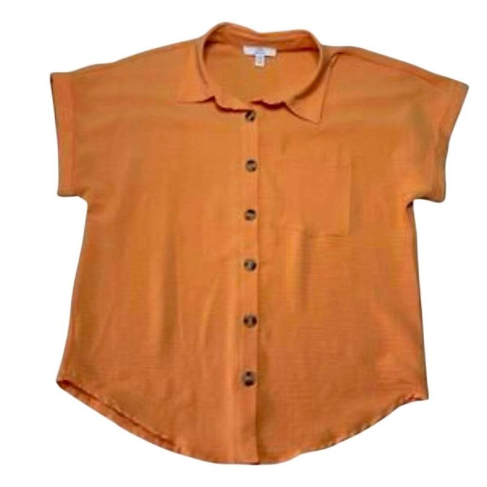 Como Vintage Women's Orange Button Front Short Cuffed Sleeves Top